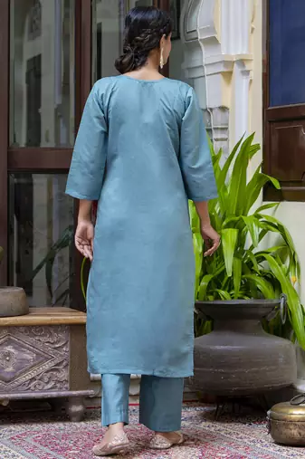 Silk blend blue party wear embroidery work kurta set