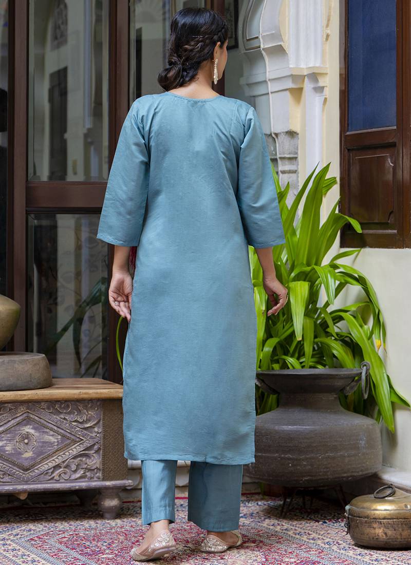 Silk blend blue party wear embroidery work kurta set