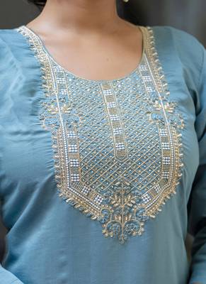 Silk blend blue party wear embroidery work kurta set 3