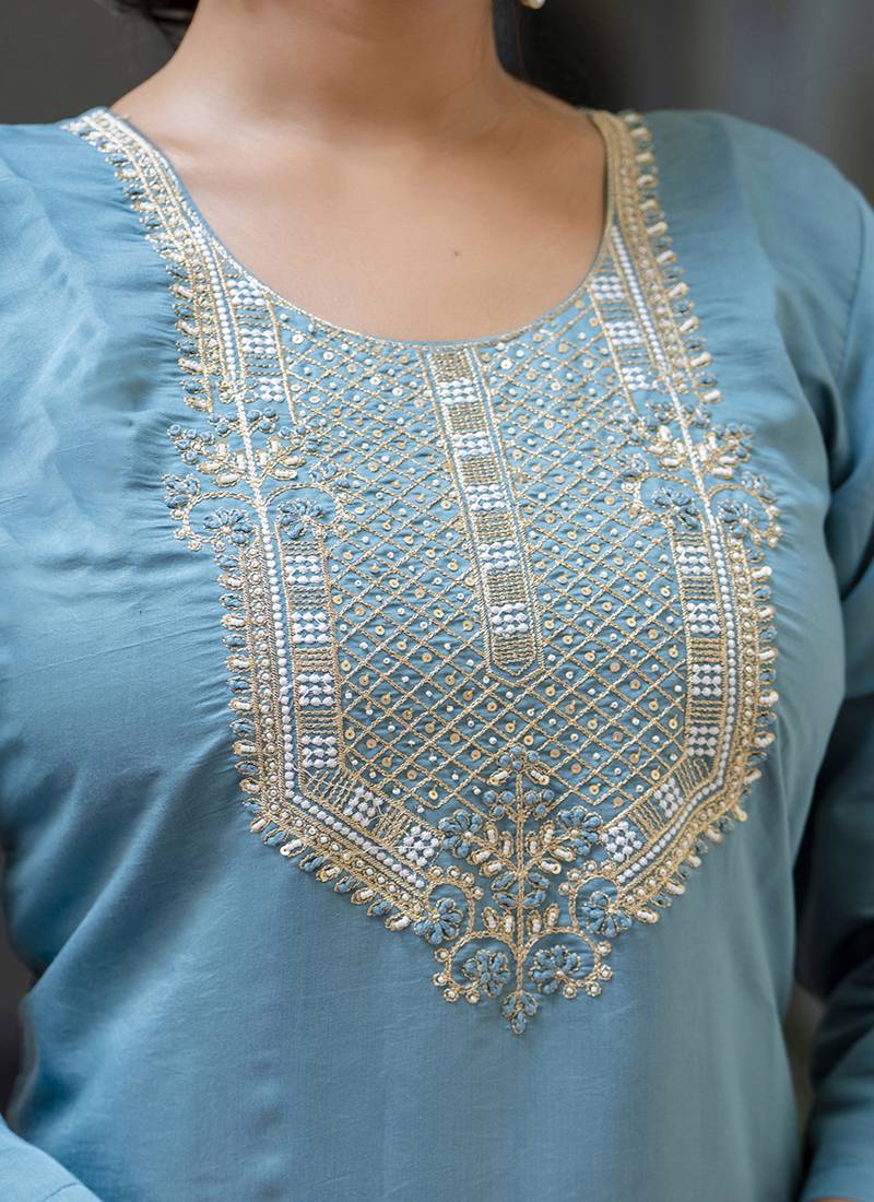 Silk blend blue party wear embroidery work kurta set