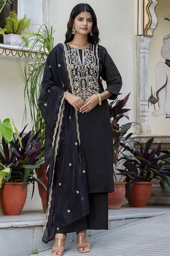 Silk blend black party wear embroidery work kurta set