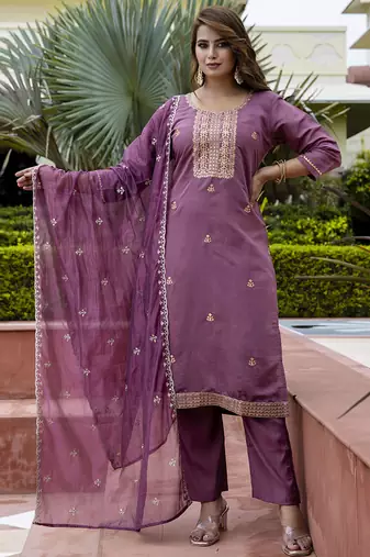 Silk blend lavender occasional wear embroidery work kurta set