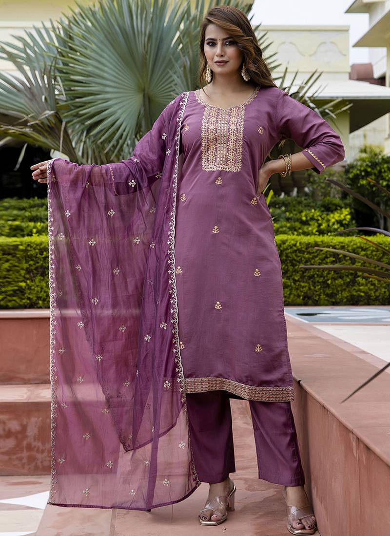 Silk blend lavender occasional wear embroidery work kurta set