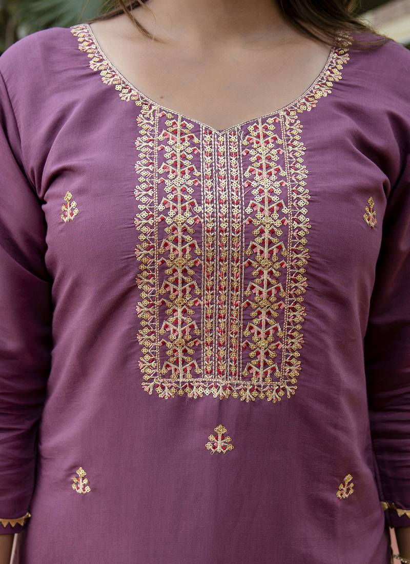 Silk blend lavender occasional wear embroidery work kurta set
