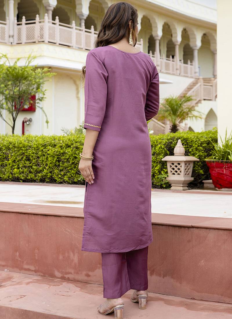 Silk blend lavender occasional wear embroidery work kurta set