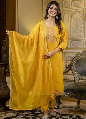 Silk blend mustard occasional wear embroidery work kurta set 1