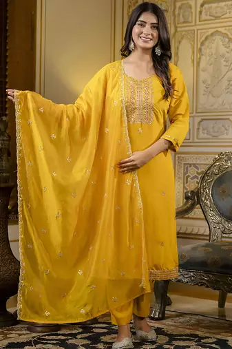 Silk blend mustard occasional wear embroidery work kurta set