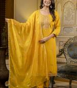 Silk blend mustard occasional wear embroidery work kurta set
