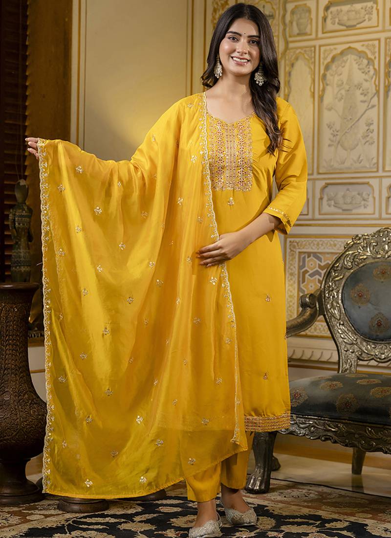Silk blend mustard occasional wear embroidery work kurta set