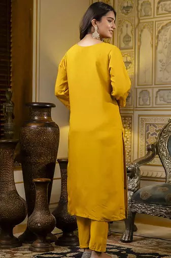 Silk blend mustard occasional wear embroidery work kurta set