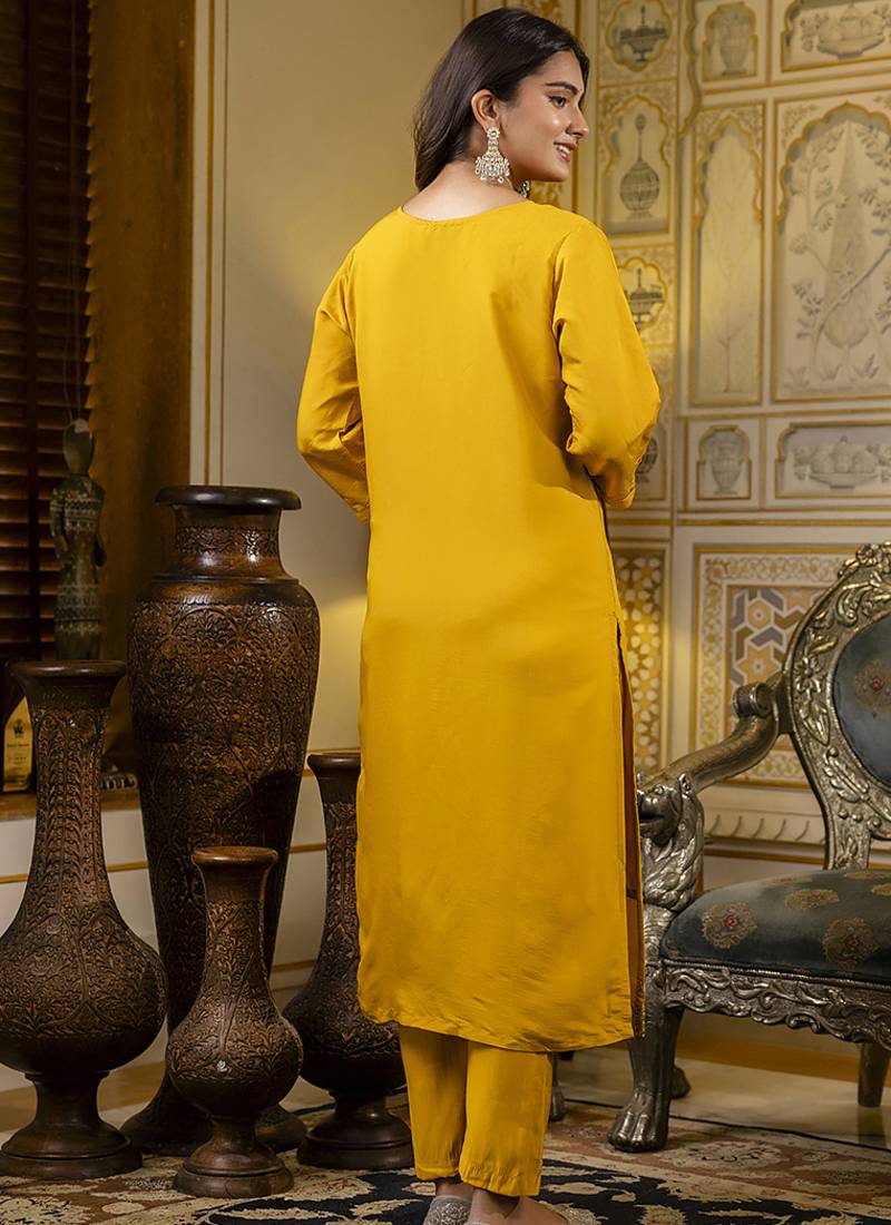 Silk blend mustard occasional wear embroidery work kurta set