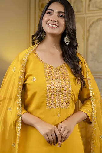 Silk blend mustard occasional wear embroidery work kurta set