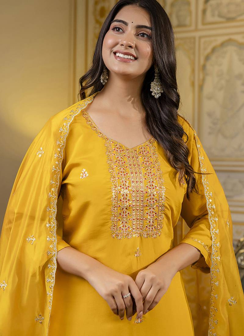 Silk blend mustard occasional wear embroidery work kurta set