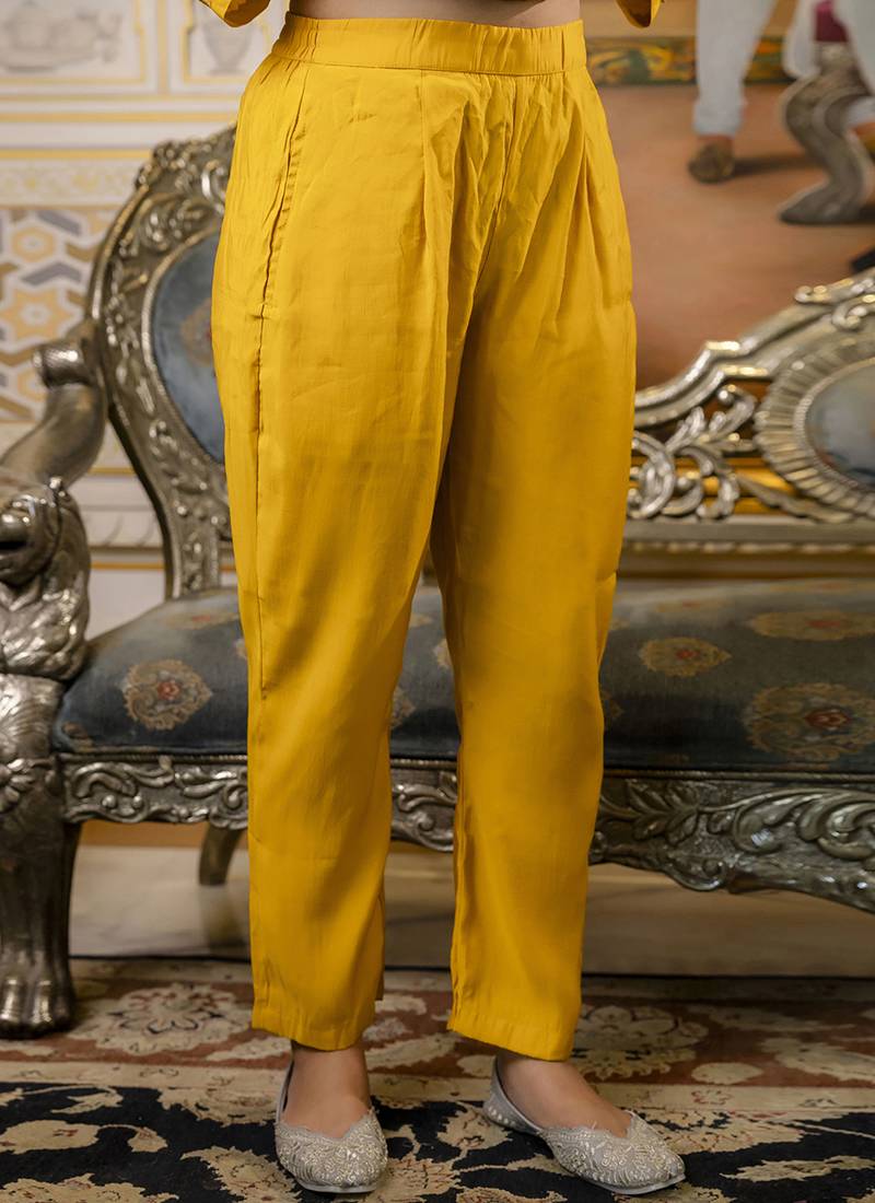 Silk blend mustard occasional wear embroidery work kurta set