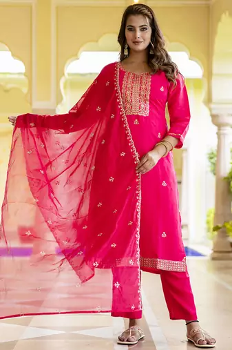 Silk blend hot pink occasional wear embroidery work kurta set