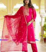 Silk blend hot pink occasional wear embroidery work kurta set