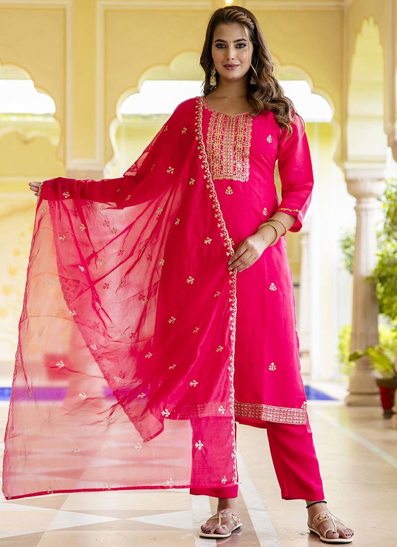 Silk blend hot pink occasional wear embroidery work kurta set