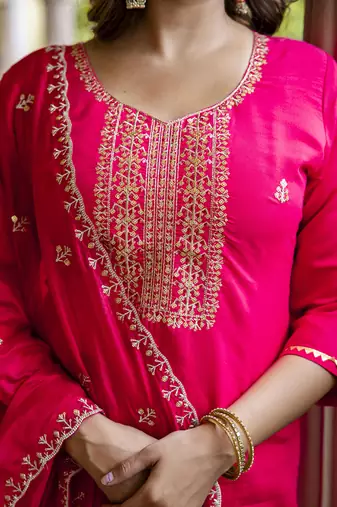 Silk blend hot pink occasional wear embroidery work kurta set