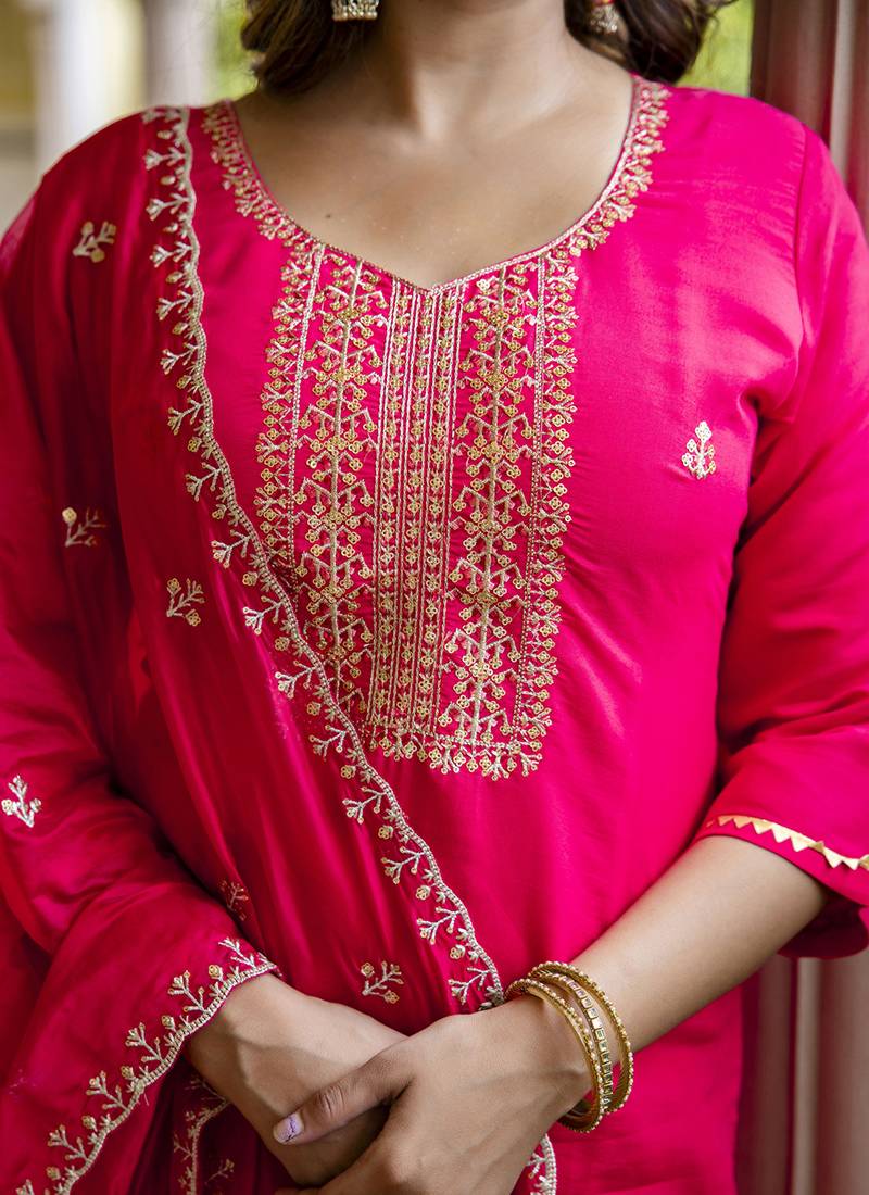 Silk blend hot pink occasional wear embroidery work kurta set