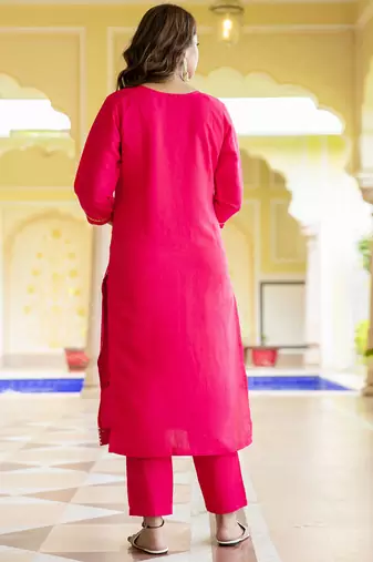Silk blend hot pink occasional wear embroidery work kurta set