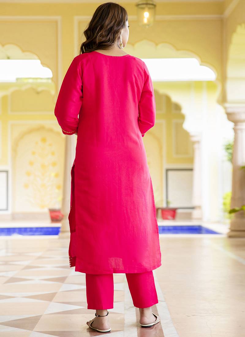 Silk blend hot pink occasional wear embroidery work kurta set