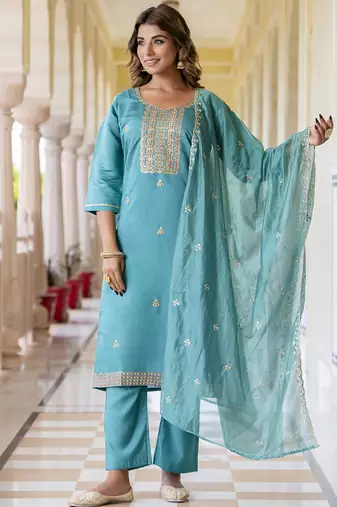 Silk blend blue occasional wear embroidery work kurta set
