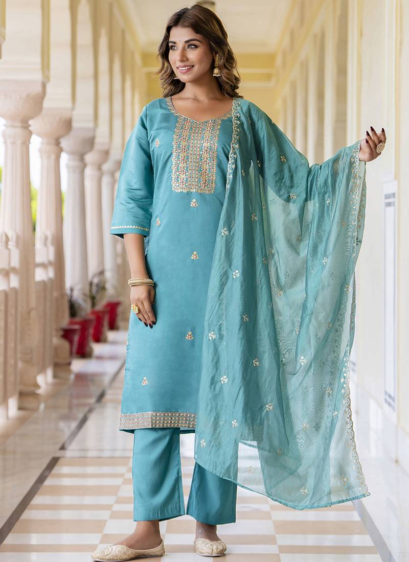 Silk blend blue occasional wear embroidery work kurta set
