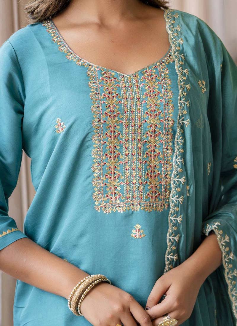 Silk blend blue occasional wear embroidery work kurta set
