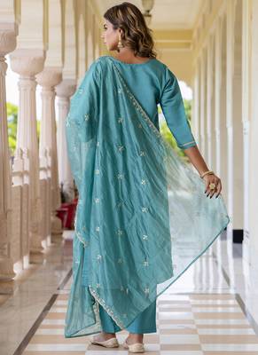 Silk blend blue occasional wear embroidery work kurta set 3