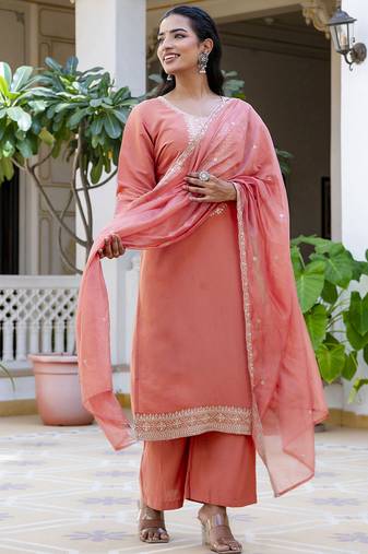 Silk blend peach casual wear embroidery work kurta set