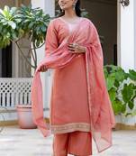 Silk blend peach casual wear embroidery work kurta set