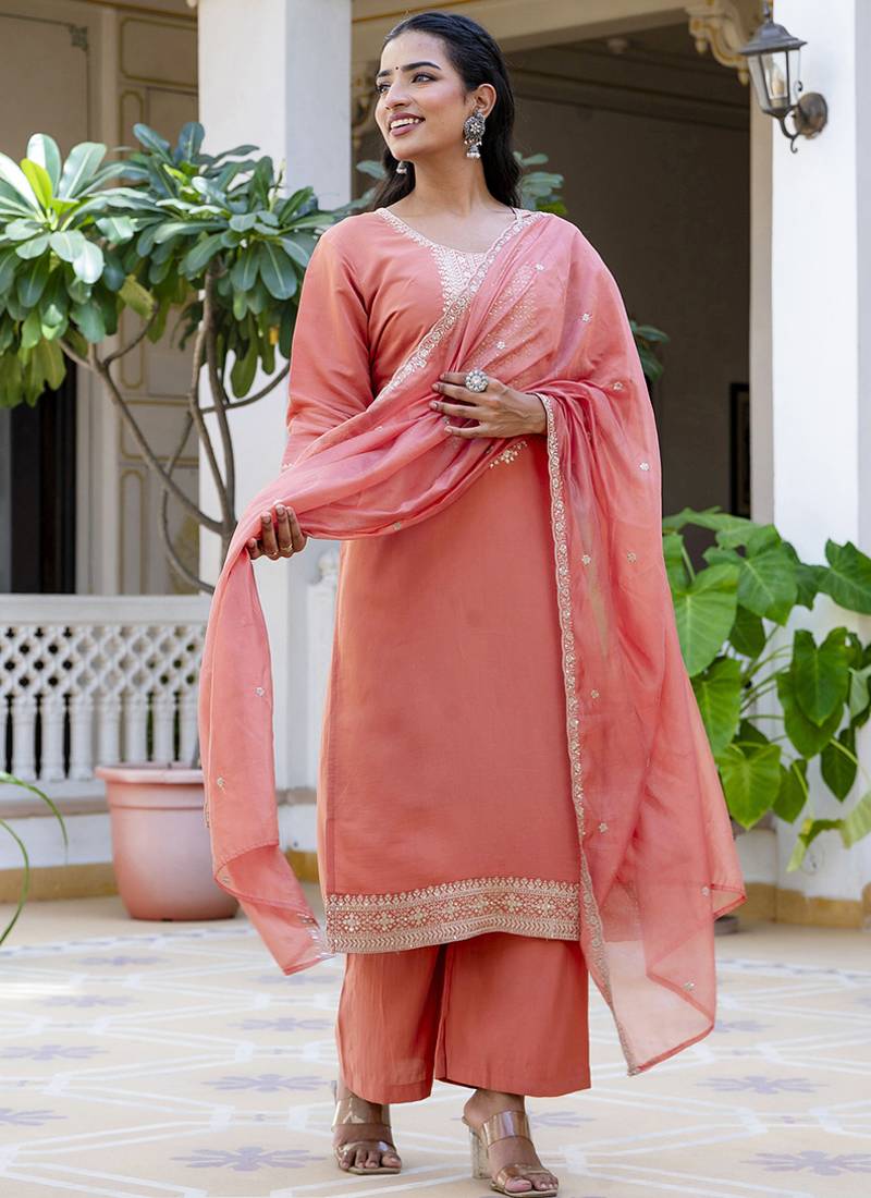 Silk blend peach casual wear embroidery work kurta set