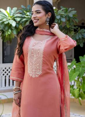 Silk blend peach casual wear embroidery work kurta set 2