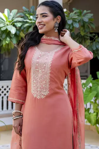 Silk blend peach casual wear embroidery work kurta set