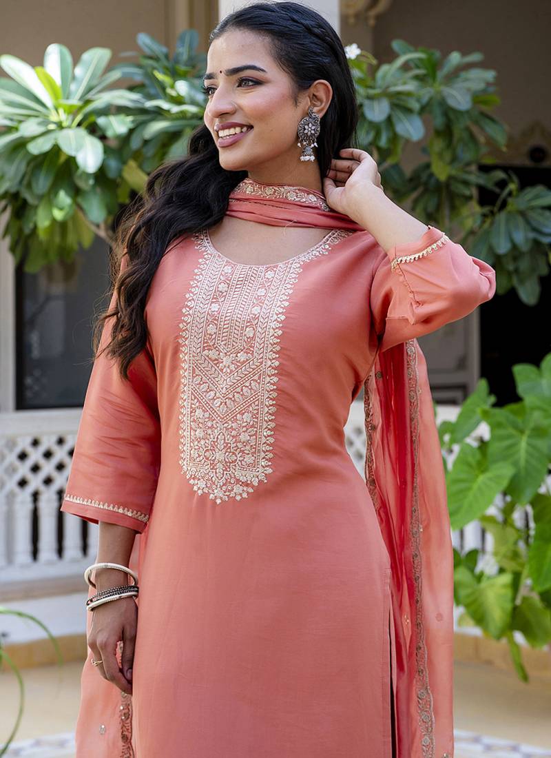 Silk blend peach casual wear embroidery work kurta set