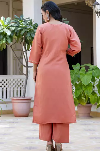 Silk blend peach casual wear embroidery work kurta set