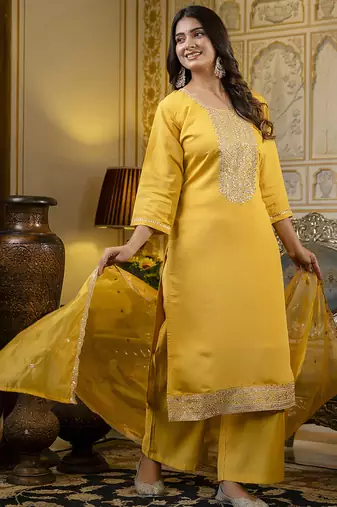 Silk blend yellow casual wear embroidery work kurta set