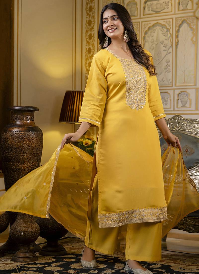 Silk blend yellow casual wear embroidery work kurta set