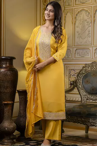 Silk blend yellow casual wear embroidery work kurta set