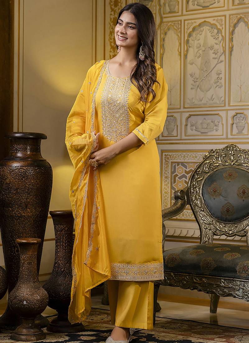 Silk blend yellow casual wear embroidery work kurta set