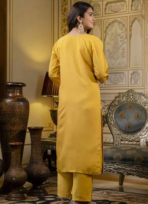 Silk blend yellow casual wear embroidery work kurta set 3