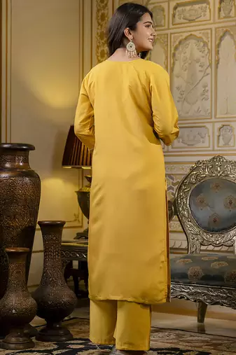 Silk blend yellow casual wear embroidery work kurta set