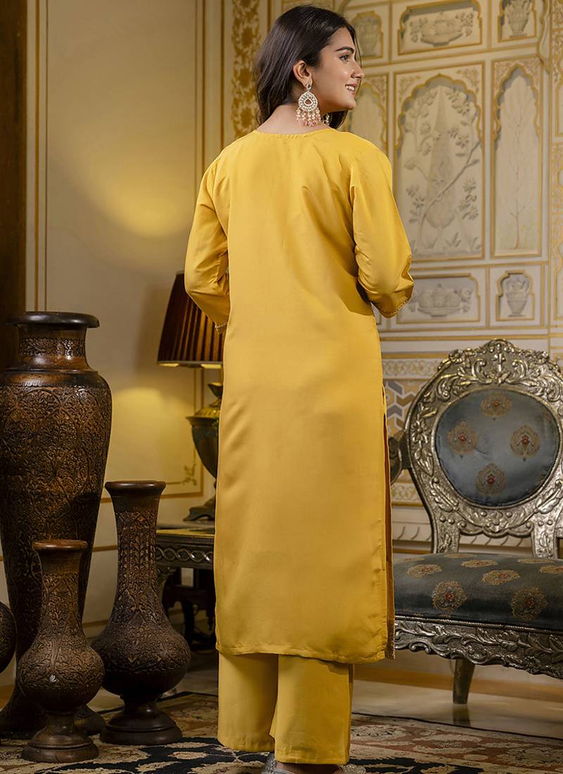 Silk blend yellow casual wear embroidery work kurta set