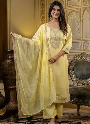 Silk blend light yellow casual wear embroidery work kurta set 1