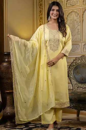 Silk blend light yellow casual wear embroidery work kurta set