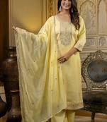 Silk blend light yellow casual wear embroidery work kurta set