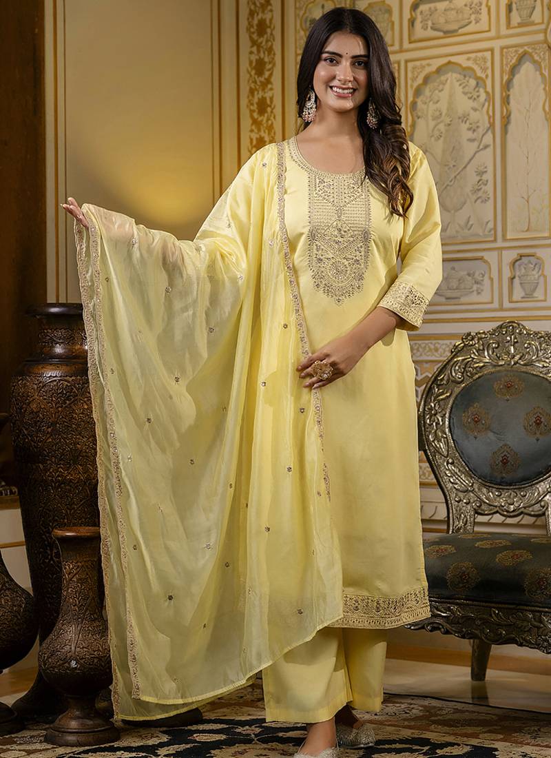 Silk blend light yellow casual wear embroidery work kurta set