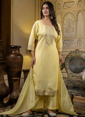 Silk blend light yellow casual wear embroidery work kurta set 2