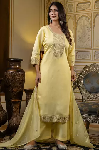 Silk blend light yellow casual wear embroidery work kurta set