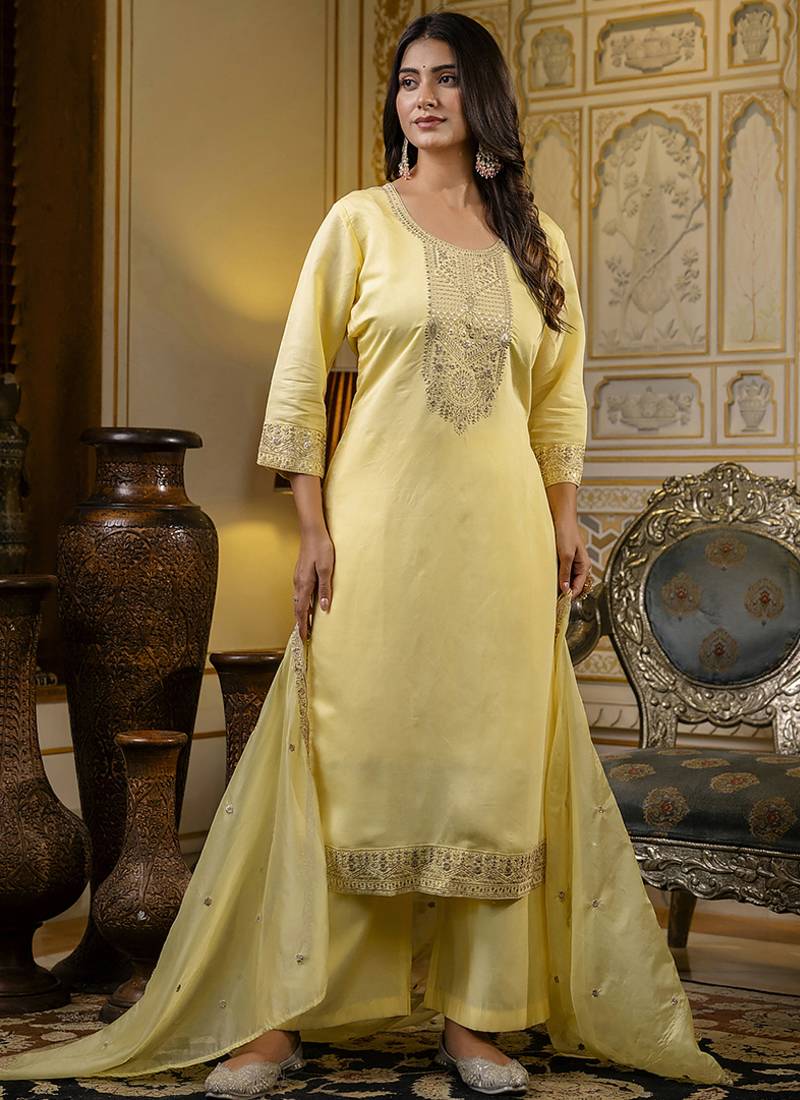 Silk blend light yellow casual wear embroidery work kurta set